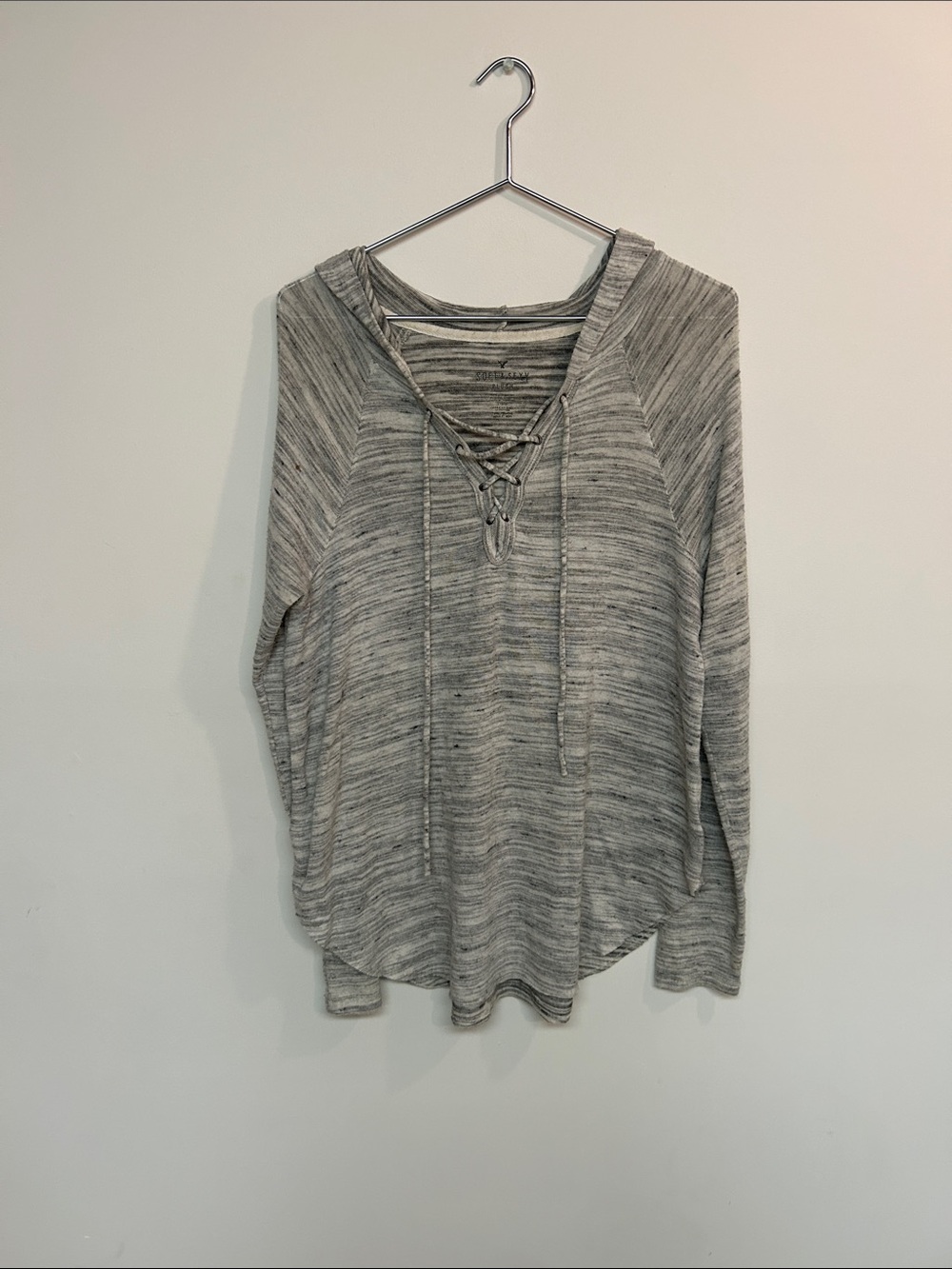 American Eagle Outfitters Heather Gray Lace-Up Hooded Knit Top